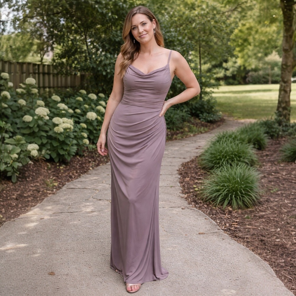 Azazie Ruched Cowl Neck‎ Maxi Dress Womens A0 Dusty Mauve Purple Formal Gown